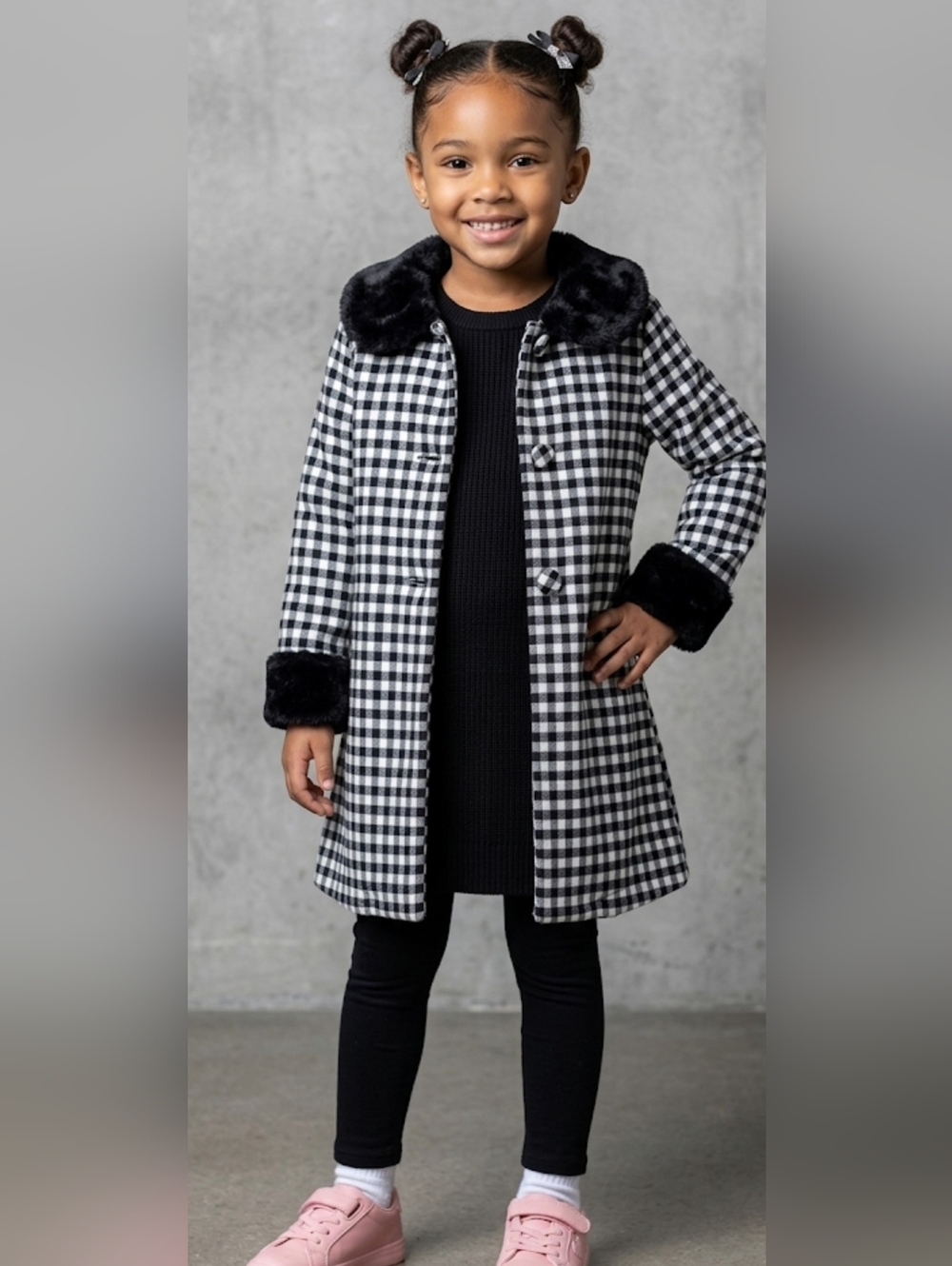 Youngland Girls Black & White Gingham Dress Coat with Faux Fur Trim - Size 5